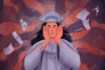 For an article about senioritis tips, a person with long hair wears a graduation cap and gown in front of a swirly pink and purple background. Papers, forms, a rolled diploma, and keys float around them.