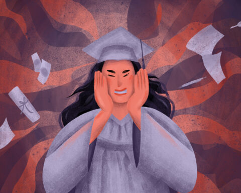 For an article about senioritis tips, a person with long hair wears a graduation cap and gown in front of a swirly pink and purple background. Papers, forms, a rolled diploma, and keys float around them.