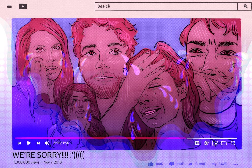 For an article on Dramageddon and Sistergeddon YouTube controversies, five pink-tinted figures wipe tears (from left: Tati Westbrook, Nikita Dragun, Shane Dawson, Laura Lee, and James Charles). They are cropped together in a box that mimics a YouTube video box, with the text "We're Sorrry!!!!! :,(((((" and "1,000,000 views" and "Nov 7, 2018".