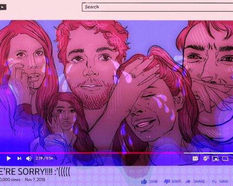 For an article on Dramageddon and Sistergeddon YouTube controversies, five pink-tinted figures wipe tears (from left: Tati Westbrook, Nikita Dragun, Shane Dawson, Laura Lee, and James Charles). They are cropped together in a box that mimics a YouTube video box, with the text "We're Sorrry!!!!! :,(((((" and "1,000,000 views" and "Nov 7, 2018".
