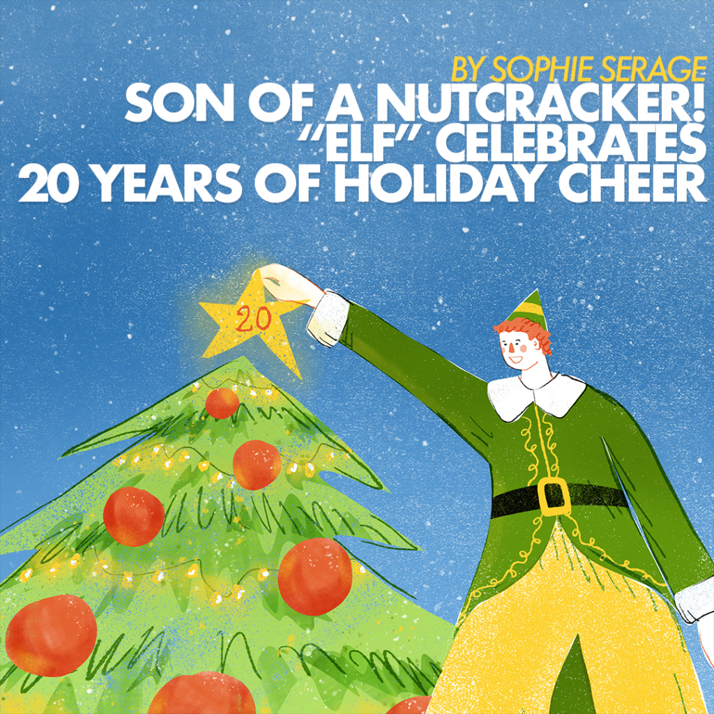 In an article about "Elf" 20 year anniversary, a man with orange hair and green coat and yellow stockings places a glowing yellow star with the number "20" on it" atop a green Christmas tree with red ornaments and bright yellow lights.