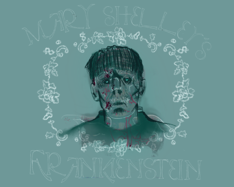 For an article on rhetorical devices in Mary Shelley's Frankenstein, a hand drawn monster portrait is center with red markings, a floral frame surrounds his face. The words "Mary Shelley's" appear at top and "Frankenstein" appears on the bottom.