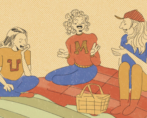 For an article on hang out ideas, three hand drawings of people sitting on picnic blankets, laughing and chatting.