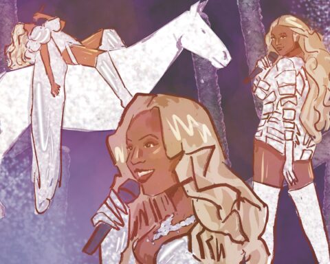 On the left, Beyoncé reclines on horseback on a white horse. On the right, Beyoncé looks over her shoulder with a microphone in her hand. In the middle is a headshot of Beyoncé singing into a microphone.