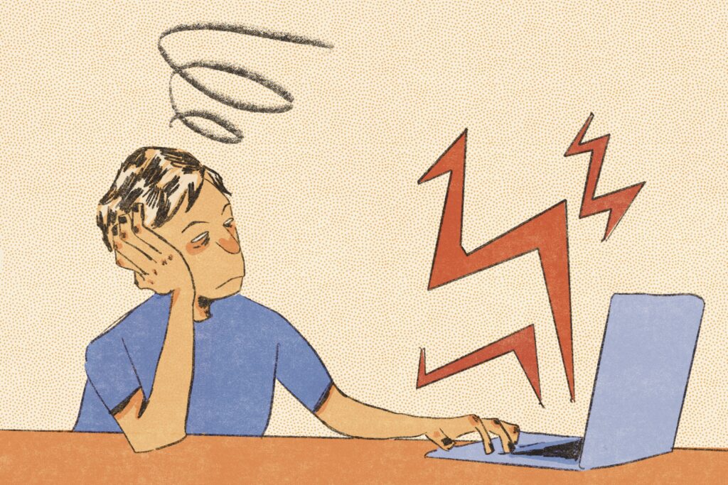 for an article on silent quitting, a person with short hair and a blue shirt stares drearily at a computer screen.