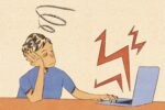 for an article on silent quitting, a person with short hair and a blue shirt stares drearily at a computer screen.