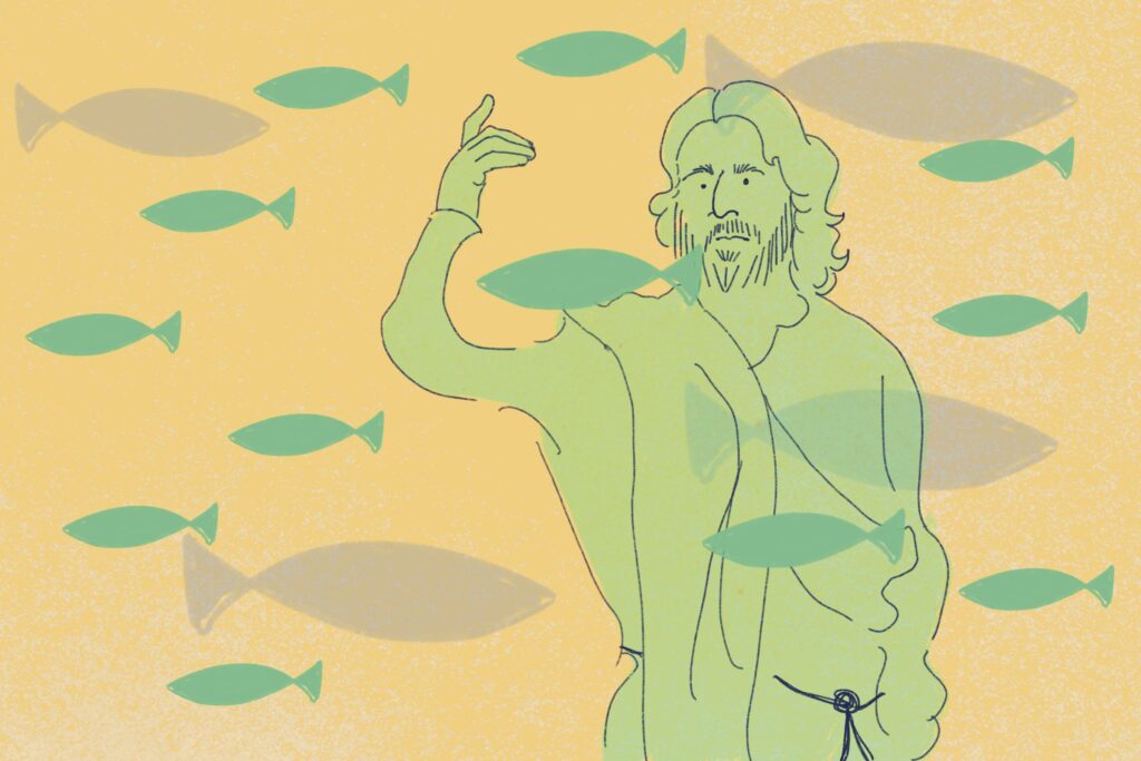 In an article about "the chosen," a Jesus figure is hand-drawn with a multitude of fishes around.