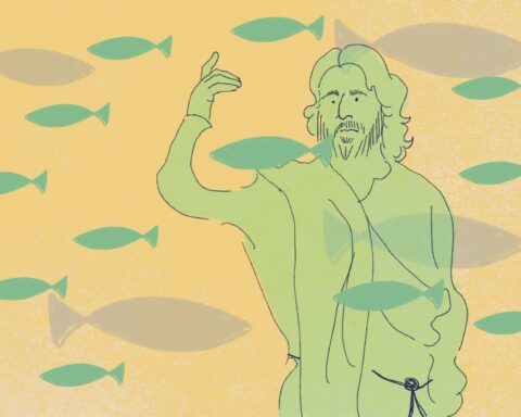 In an article about "the chosen," a Jesus figure is hand-drawn with a multitude of fishes around.