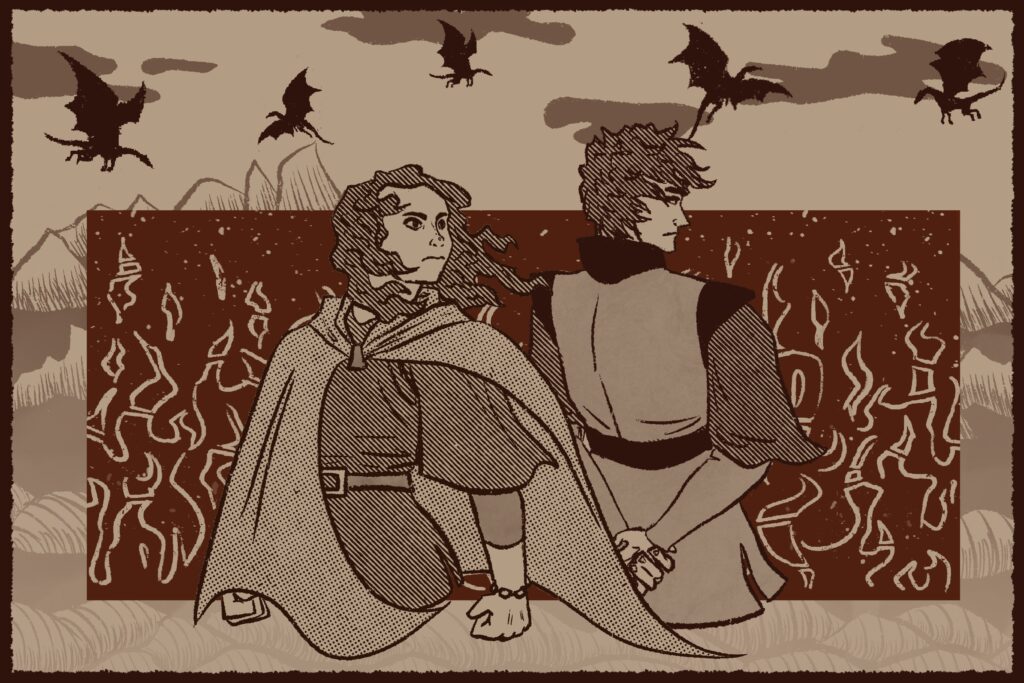 In sepia colors, a teenage girl and boy stand against the blowing wind in renaissance clothing while dragons fly in the background.