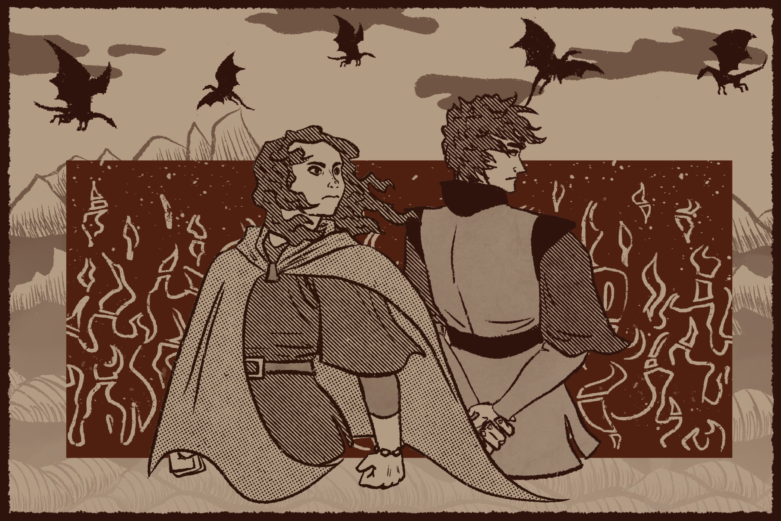 In sepia colors, a teenage girl and boy stand against the blowing wind in renaissance clothing while dragons fly in the background.