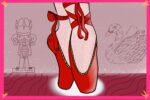 A pair of red ballet slippers stand in point while grey drawings of a nutcracker and a swan stand against the pink background.