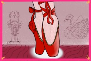 A pair of red ballet slippers stand in point while grey drawings of a nutcracker and a swan stand against the pink background.