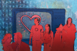 Against a blue background stands an old television with a heart in the middle, along with famous television couples in red standing in front of it.