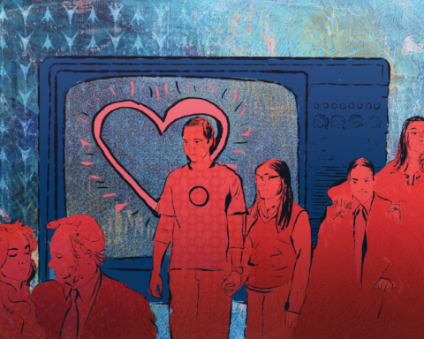 Against a blue background stands an old television with a heart in the middle, along with famous television couples in red standing in front of it.