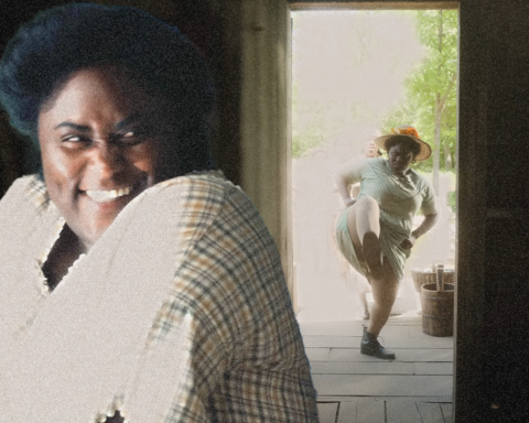 In an article about Danielle Brooks as Sofia in "The Color Purple film," a woman with a plaid dress looks over her shoulder and snickers. Superimposed is that same woman with a plaid dress on a porch with her foot up, kicking open a door.