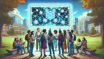 Illustration of people standing around crypto imagery