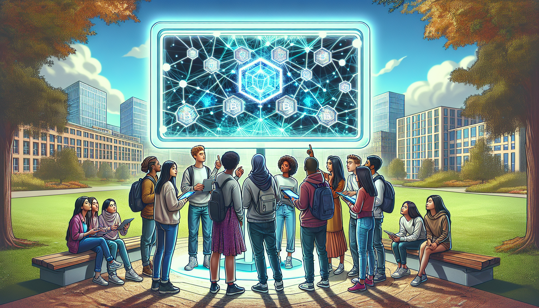 Illustration of people standing around crypto imagery