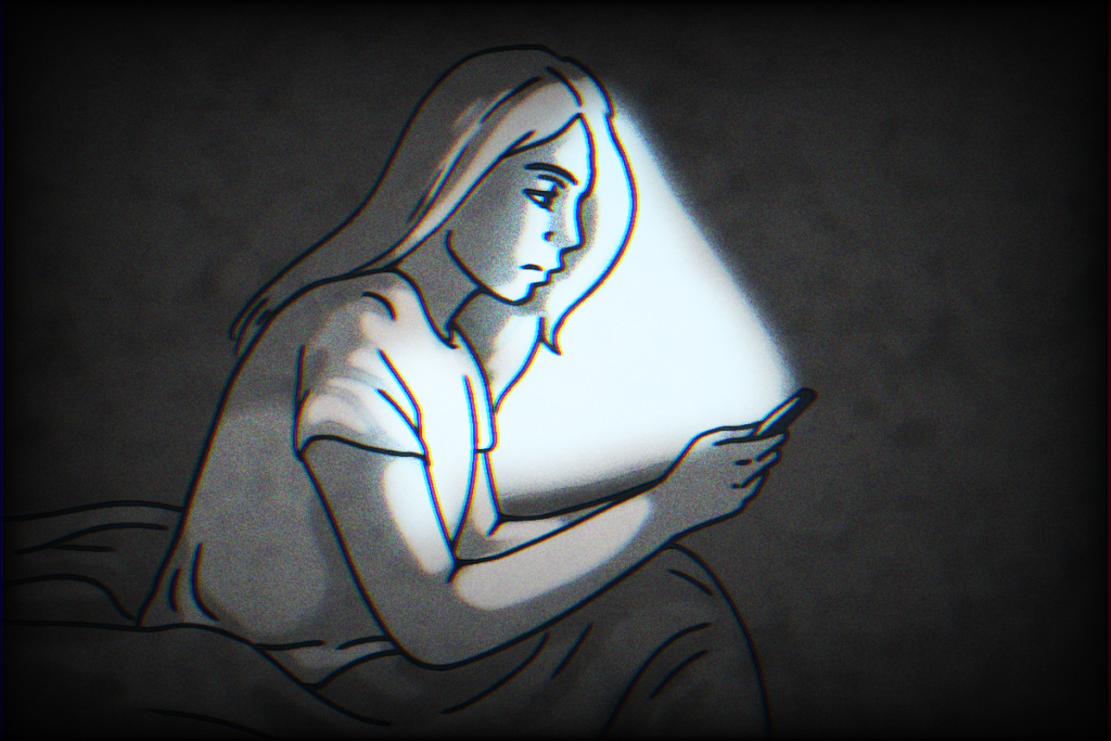 Against a static black background, a girl sits on her bed in the dark with the only light being the shining screen of her iphone.