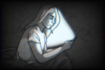 Against a static black background, a girl sits on her bed in the dark with the only light being the shining screen of her iphone.