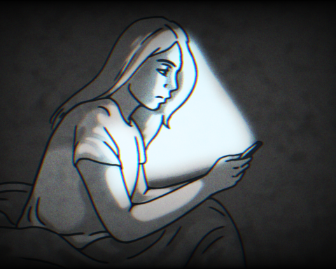 Against a static black background, a girl sits on her bed in the dark with the only light being the shining screen of her iphone.