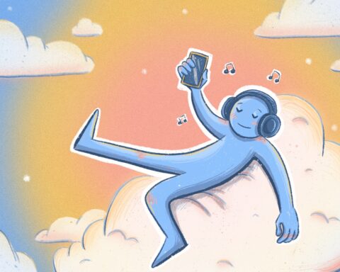 In this article, about how the Spotify playlist and daylist can be important towards the development of one's music taste, a blue figure with rosy cheeks is vibing to some music. He is wearing headphones and holding his smartphone high, resting on a cloud as the sun burns in pink and orange against the blue, cloud filled sky. Musical notes dance around his head.