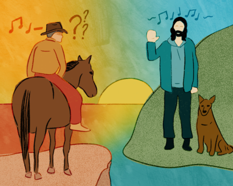 In this article, analyzing Noah Kahan's hit song "Dial Drunk" and debating how we define "country music" as a whole, a cowboy in orange pants looks confusedly at a bearded man with long hair and an tropical turquoise jacket. The scene is a combination of a desert and an island, the oranges and yellows of the former seamlessly melding with the blues and greens of the latter. The cowboy rides a horse, a dog sits by the bearded man's side and music notes dance around their head as the sun sets in the background.