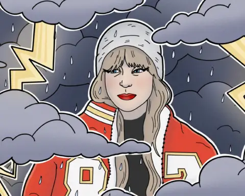 Illustration of Taylor Swift in Kansas City Chiefs Jacket in storm clouds.