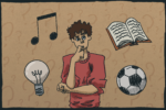 A young man in a red shirt ponders while a music note, book, lightbulb, and soccer ball swirl around him.