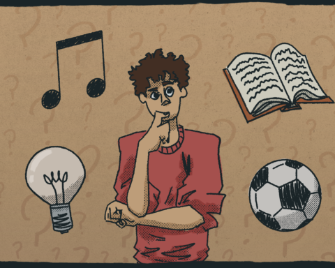 A young man in a red shirt ponders while a music note, book, lightbulb, and soccer ball swirl around him.