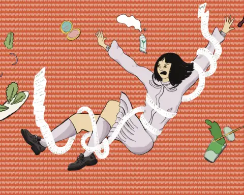 Illustration of woman floating with luxury items and a long receipt around her.