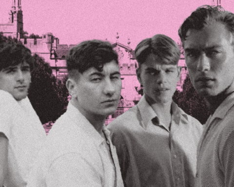 In this article about the similarities between "The Talented Mr. Ripley" and "Saltburn," for men with dark hair, stare brooding at the camera in a black and white grayscale. In the background, a pink monochromatic printing of a large, old home.