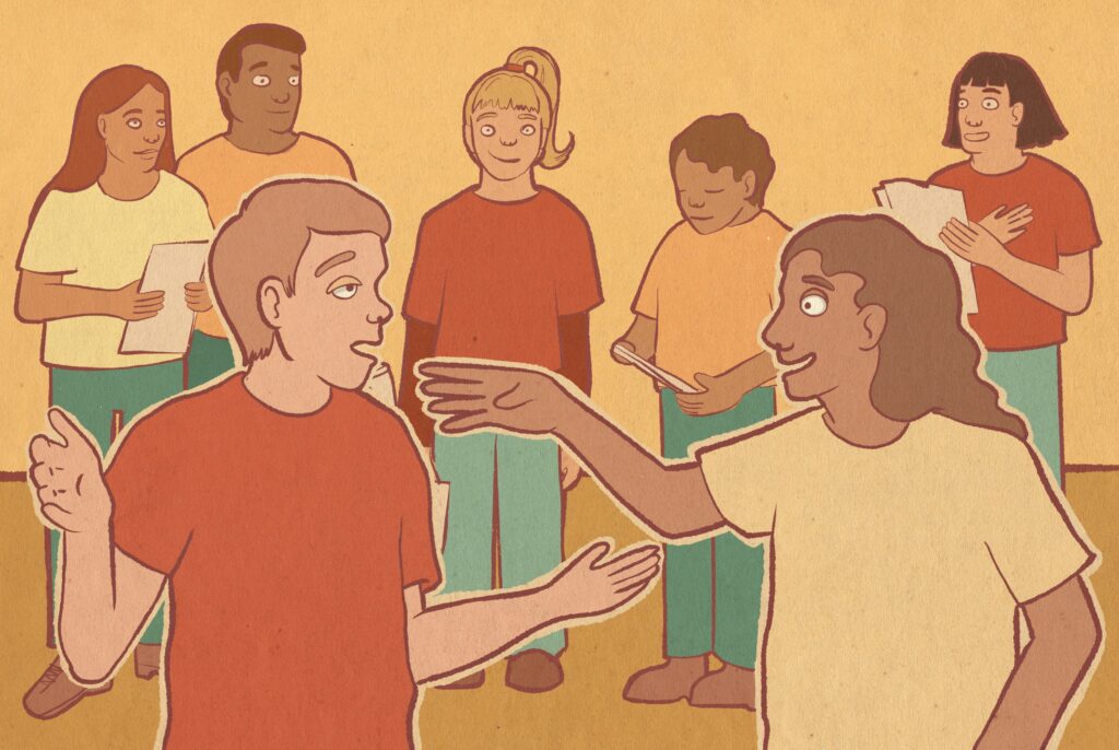 Graphic of people performing in acting class.