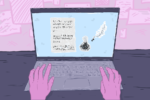 Two pink hands are typing at a laptop on a purple table against a pink background littered with writings and documents. The laptop has a blue screen containing an inkwell and a sheet of paper with scribbles on it, presumably this writer's latest piece of work.