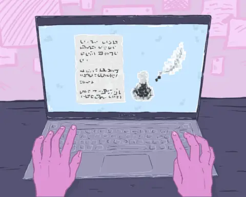 Two pink hands are typing at a laptop on a purple table against a pink background littered with writings and documents. The laptop has a blue screen containing an inkwell and a sheet of paper with scribbles on it, presumably this writer's latest piece of work.