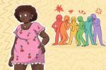 Larger woman being mocked by a variety of characters behind her.