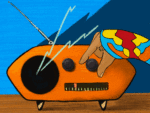 In this article, about the importance and impact of listening to indigenous voices in 2024, an orange analog radio against a blue background is shooting out lightning bolts as its dial is being torn by light brown hair draped in a blue, embroidered sleeve. Half of the background is blacked out, with jagged edges running diagonally up the center.