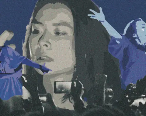 Collage of Mitski performing for a crowd.