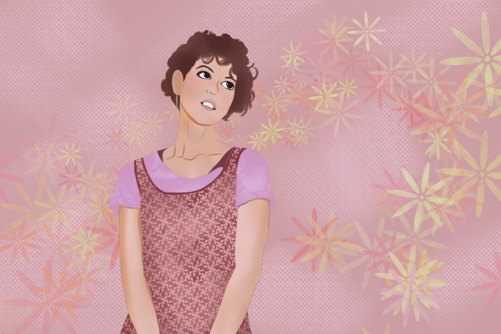 Illustration of Molly Ringwald in pink with flowered background.