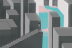 Person standing on staircase overlooking grey building, one being colorful with clouds on it.