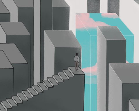 Person standing on staircase overlooking grey building, one being colorful with clouds on it.