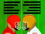 In this article, about the upcoming face-off between the Kansas City Chiefs and San Francisco 49ers at the Super Bowl, two players stare off against each on a green background with white stripes. The player on the left wears a red helmet and jersey, the player on the right a yellow helmet and white jersey, whilst bars hover over their heads. They are filled in at different intervals, showcasing their statistics to onlookers.