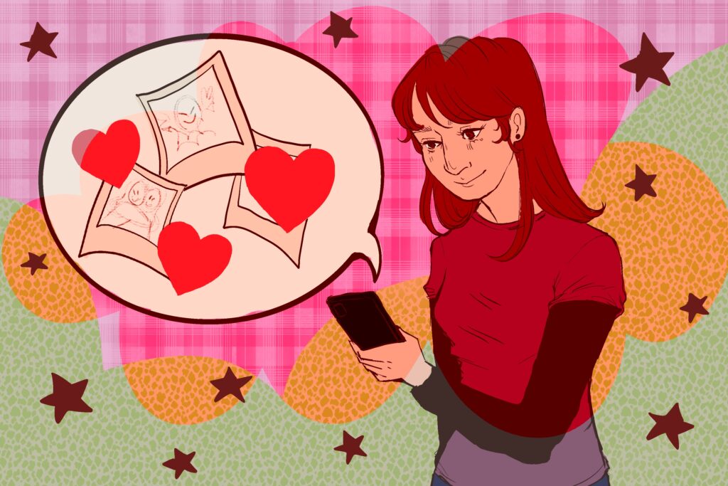 In this article -- about how sites like TikTok are enabling new ways of preserving memories like a digital scrapbook -- a girl with a red shirt and hair is smiling at posts on her iphone against a blended background of pink, orange and green, dotted with brown stars. A speech bubble extends from the phone, containing old photographs and hearts, representing the memories found in the posts therein.