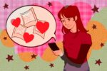 In this article -- about how sites like TikTok are enabling new ways of preserving memories like a digital scrapbook -- a girl with a red shirt and hair is smiling at posts on her iphone against a blended background of pink, orange and green, dotted with brown stars. A speech bubble extends from the phone, containing old photographs and hearts, representing the memories found in the posts therein.