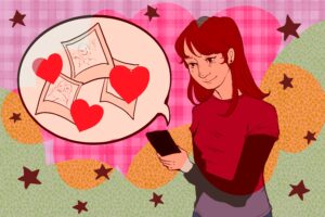 In this article -- about how sites like TikTok are enabling new ways of preserving memories like a digital scrapbook -- a girl with a red shirt and hair is smiling at posts on her iphone against a blended background of pink, orange and green, dotted with brown stars. A speech bubble extends from the phone, containing old photographs and hearts, representing the memories found in the posts therein.