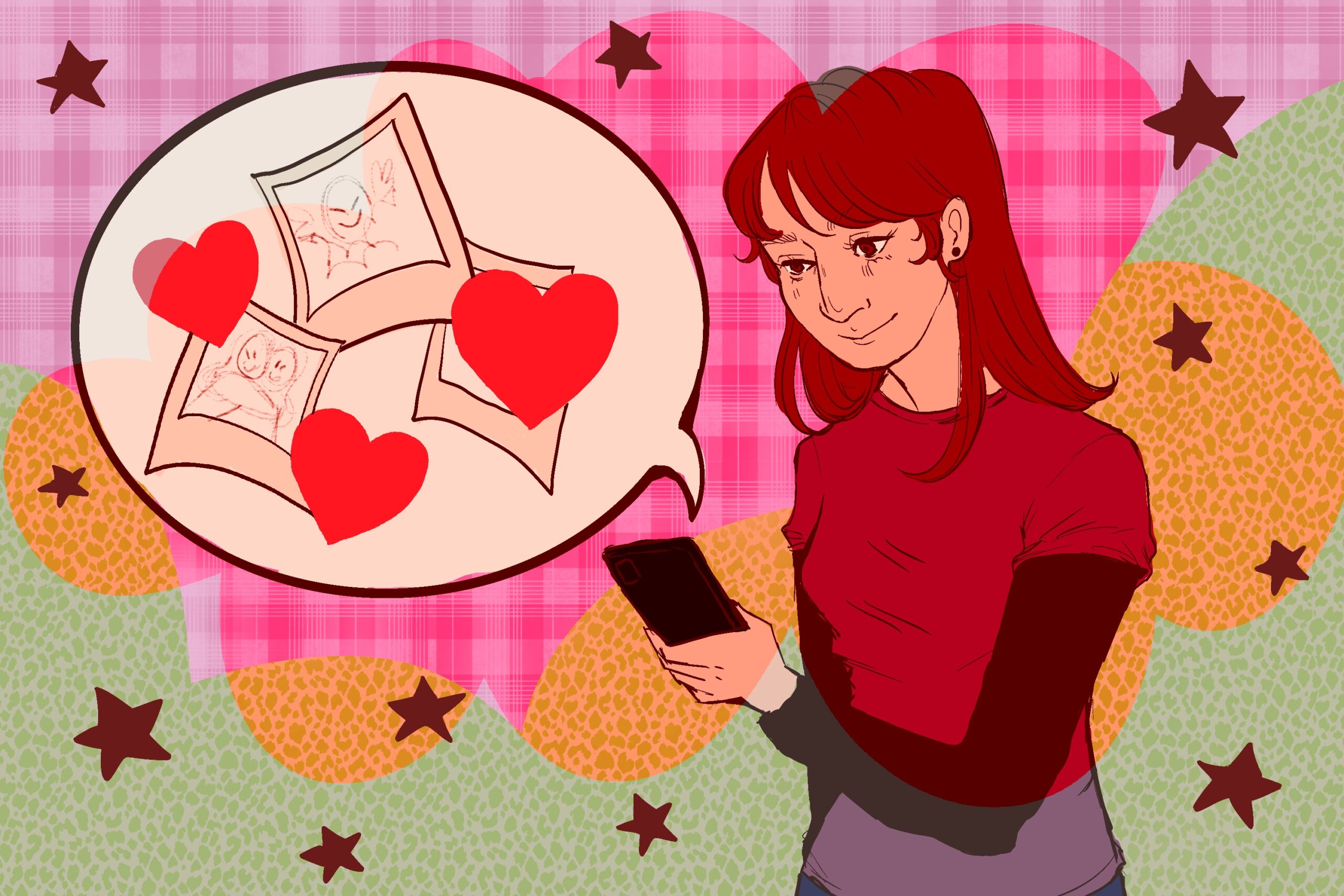 In this article -- about how sites like TikTok are enabling new ways of preserving memories like a digital scrapbook -- a girl with a red shirt and hair is smiling at posts on her iphone against a blended background of pink, orange and green, dotted with brown stars. A speech bubble extends from the phone, containing old photographs and hearts, representing the memories found in the posts therein.