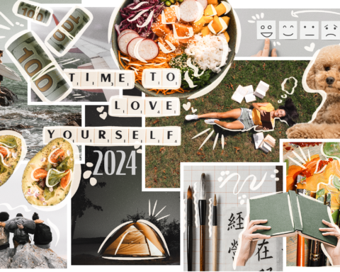 A smorgasbord of photos cut and scattered across the frame bedeck a vibe of chaos. Wads of bills fly over mahjong tablets and a surfer, sushi intersects with face-adorned sticky notes and a young woman enjoying books in the grass, who in turn is paired with a curly-furred dog sitting above a paint supplies and a novel held wide open, not to mention several others. White lines are drawn in bold shading around the images, emphasizing specific effects and emotions.