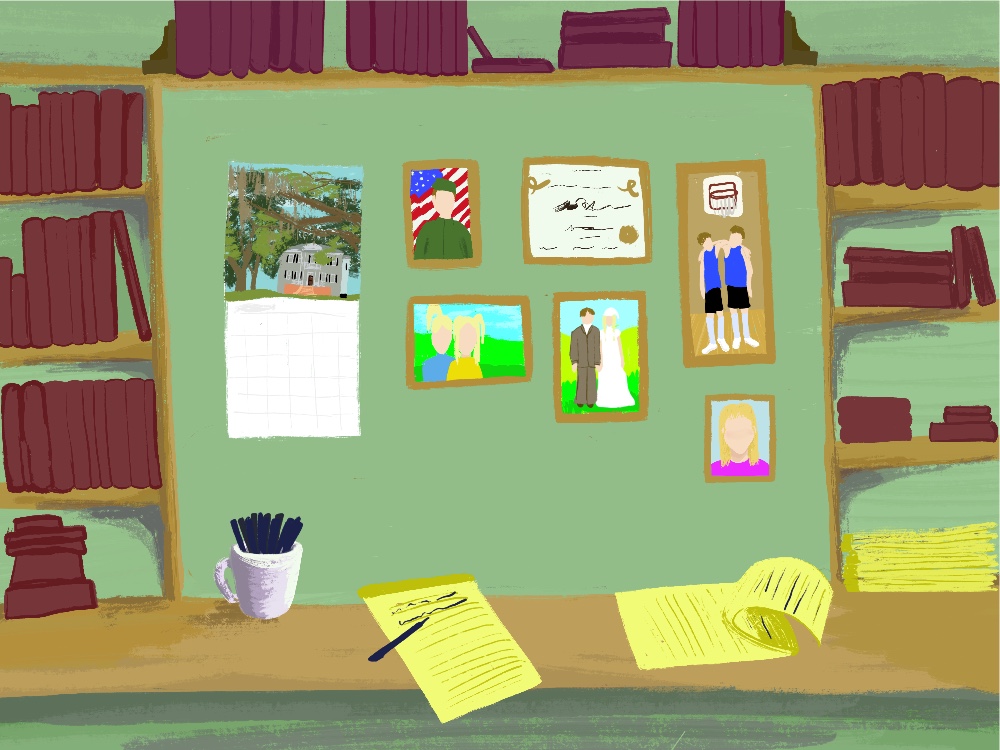 A calendar and photos adorn a green wall, surrounded by marron books, depicting the life of a family: Boys playing basketball, a wedding, a man dressed in military uniform, etc. In the foreground is a desk, upon which lies a yellow notepad with a blue pen, with writing on it. To the left is a white cup holding more blue pens, to the right a stack of paper with more writing, indicating the unseen writing has been doing this for a while.