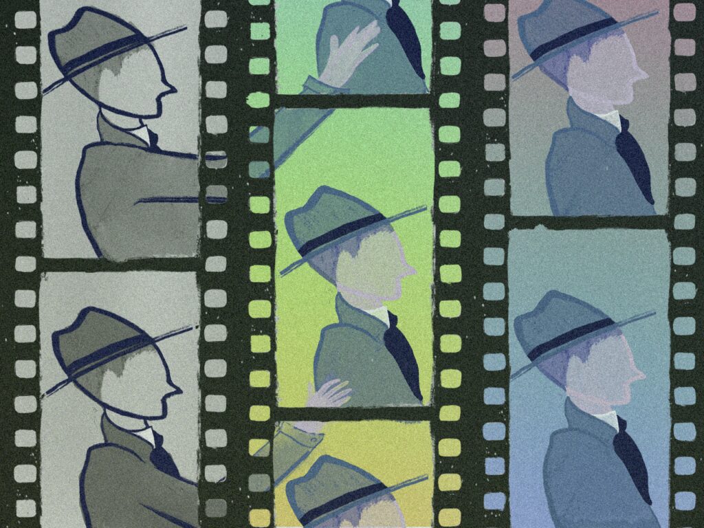 The image of a man in a suit and hat with a dark tie repeats through sets of images descending in three film strips, each of which is in imperfect alignment with each other. The first man is in a grey strip, reaching to touch the shoulder of his clone in a green strip, who in turn is staring at his copy in a blue strip, as if they are in a cycle repeating endlessly through time.