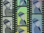 The image of a man in a suit and hat with a dark tie repeats through sets of images descending in three film strips, each of which is in imperfect alignment with each other. The first man is in a grey strip, reaching to touch the shoulder of his clone in a green strip, who in turn is staring at his copy in a blue strip, as if they are in a cycle repeating endlessly through time.