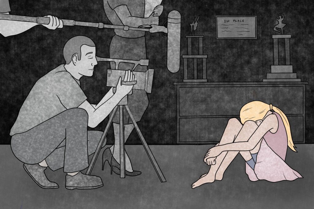 Young girl hiding her face while someone tries to film her.